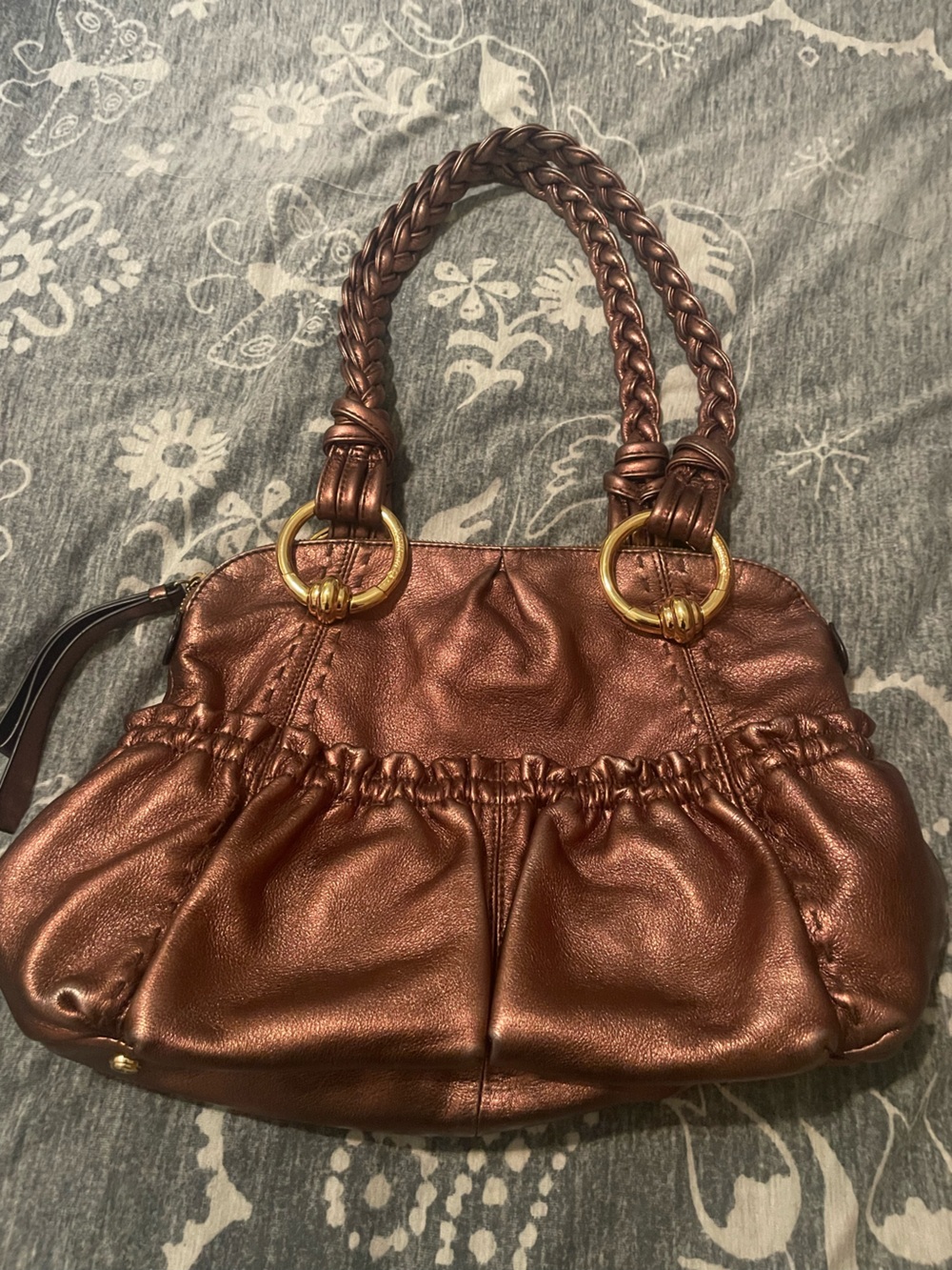 b. makowsky Metallic Copper Ruched Shoulder Bag with Braided Handles